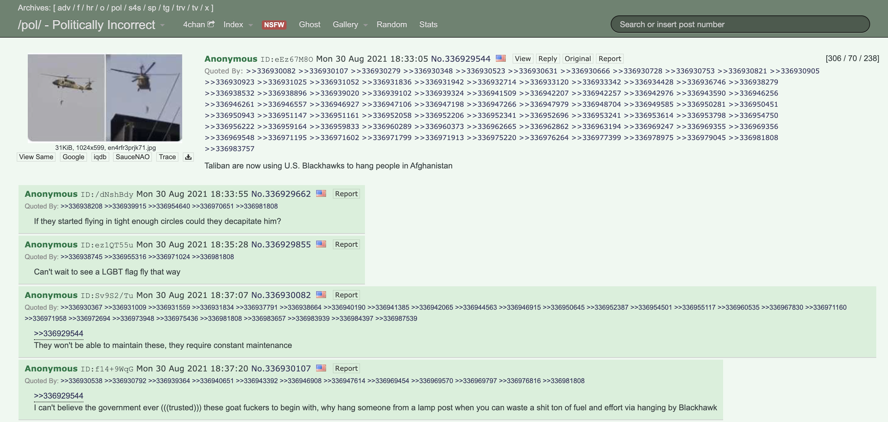 A screenshot from the right-wing message board 4chan with screenshots from the viral video of the helicopter and text that reads "Taliban are now using U.S. Blackhawks to hang people in Afghanistan" 