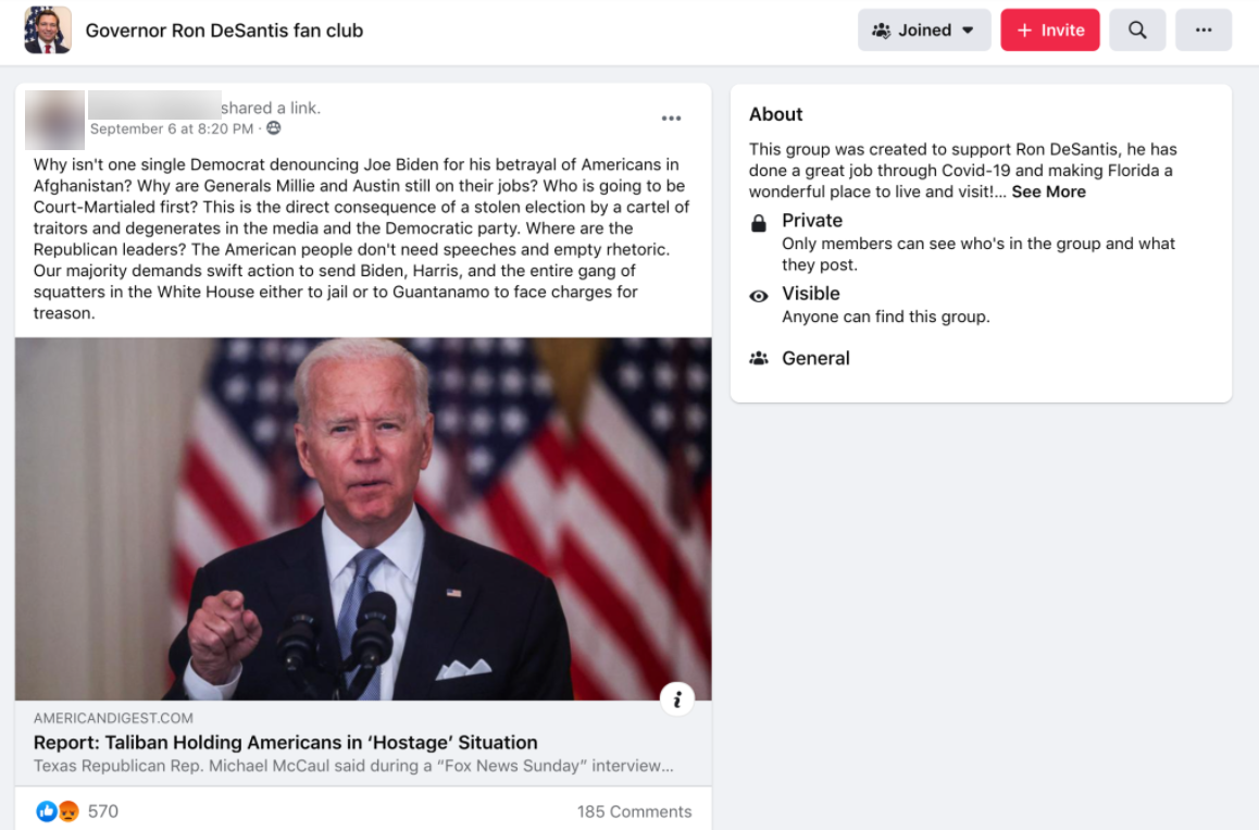Post from "Governor Ron DeSantis fan club" - September 6, 2021