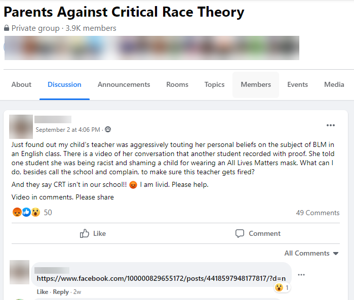 CRT outrage post telling users to "look in comments"