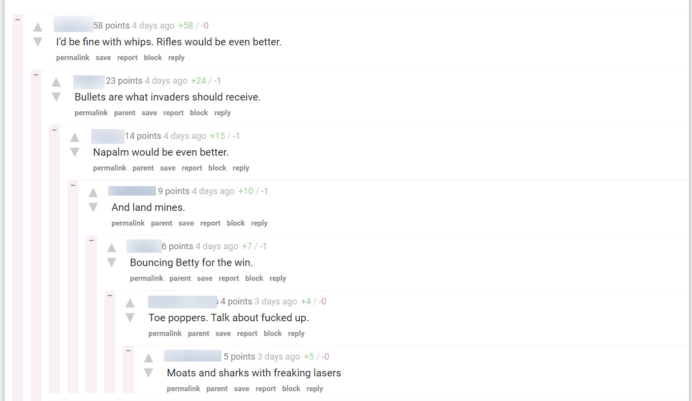 A screenshot from the right-wing social site Patriots.win showing comments advocating for graphic violence against Haitian migrants