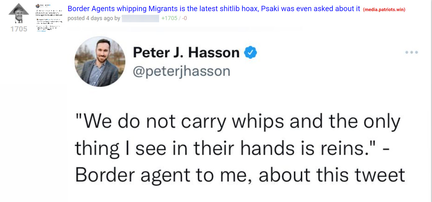 A post from the right-wing social site Patriots.win with a title that reads "Border Agents whipping migrants is the latest shitlib hoax, Psaki was even asked about it."