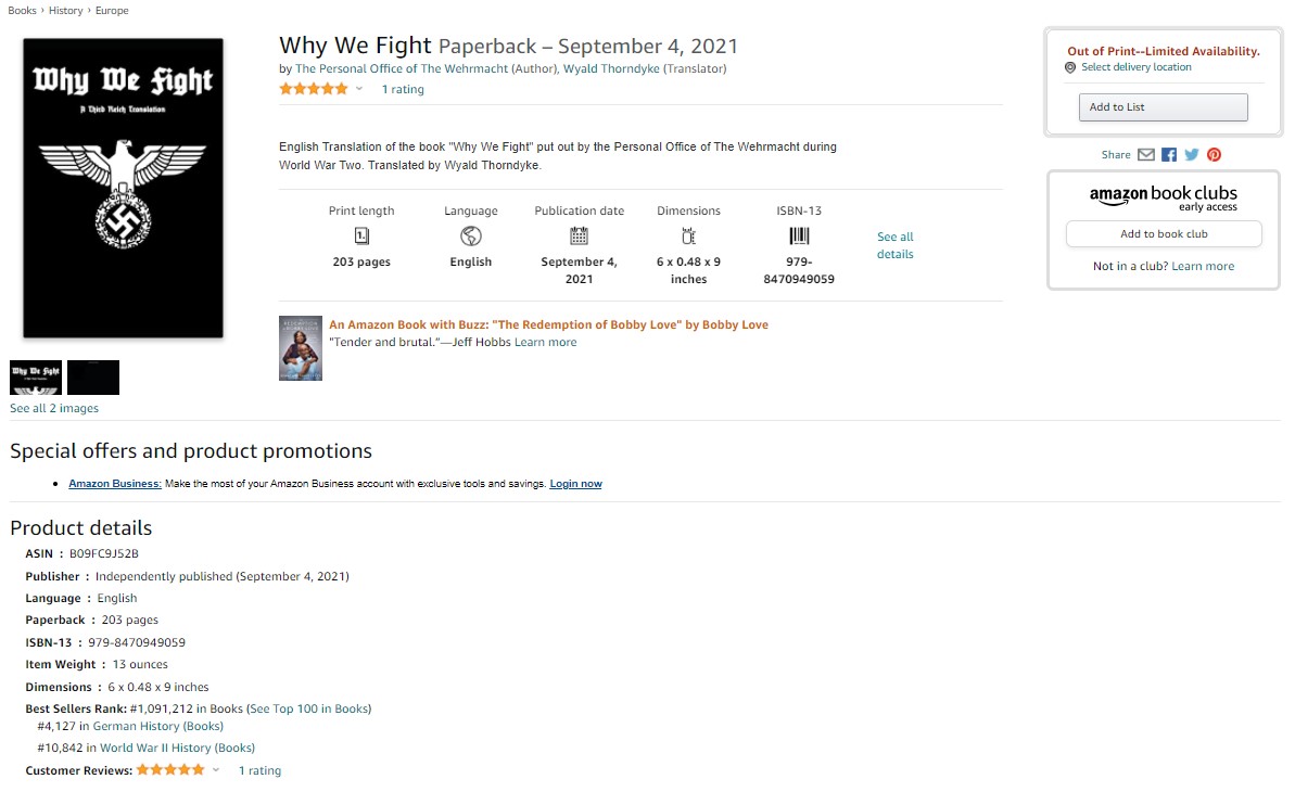 Screenshot of Amazon listing for white nationalist book "Why We Fight"