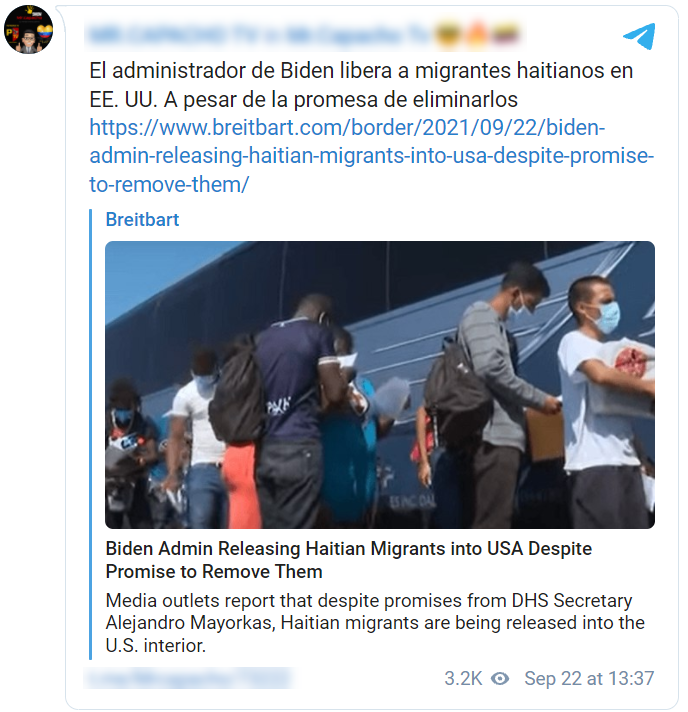 Spanish-language Telegram screenshot discussing the Biden administration and immigration at the border