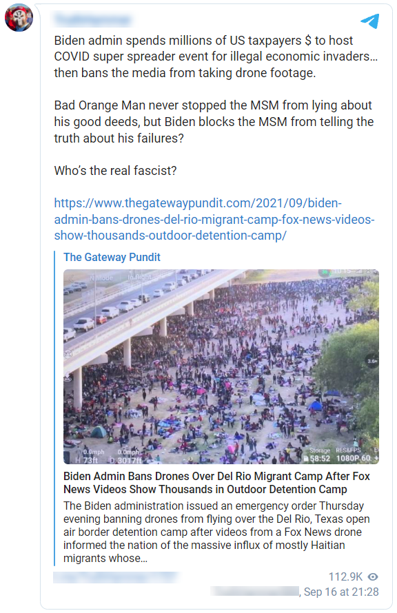 Telegram screenshot calls the southern border a "COVID super spreader event"