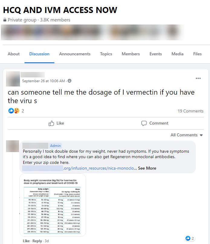 Post from "HCQ AND IVM ACCESS NOW" of a user asking for dosage recommendations