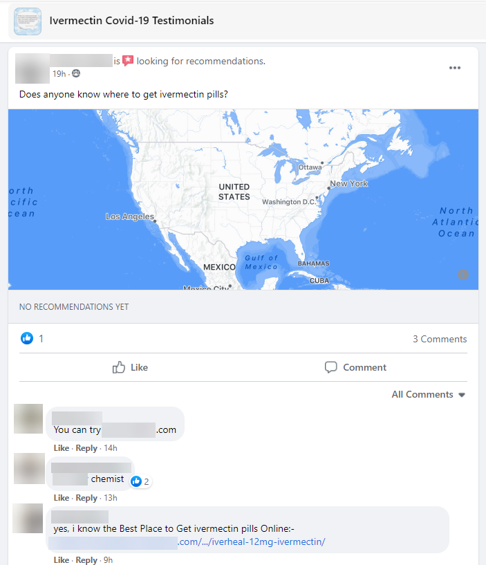 Post from "Ivermectin Covid-19 Testimonials" of a user asking where to buy ivermectin