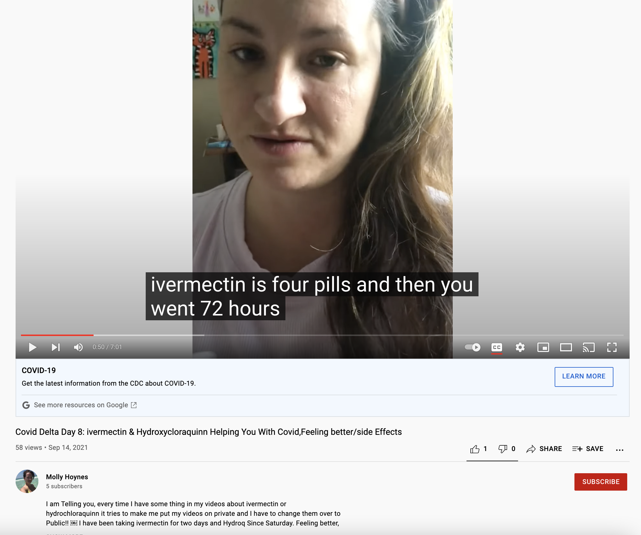 Screenshot of a youtube video featuring a user sharing her ivermectin experience