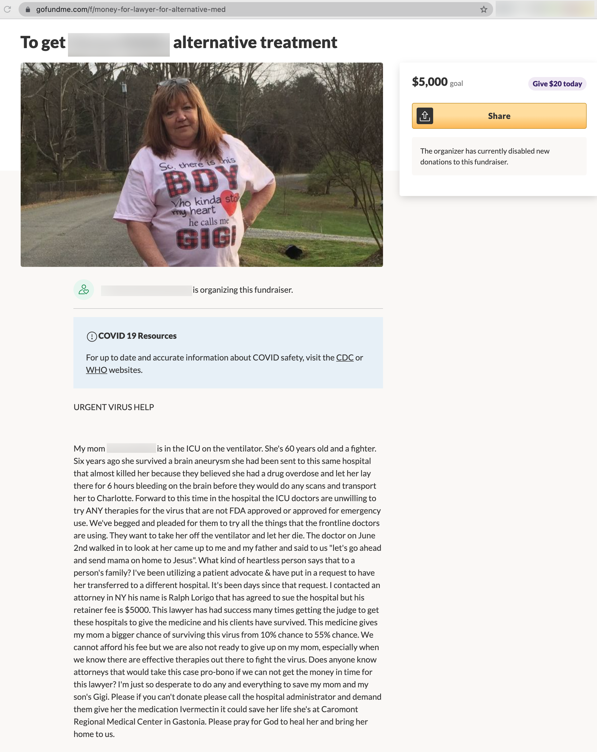 A GoFundMe campaign to raise money for lawyer fees 