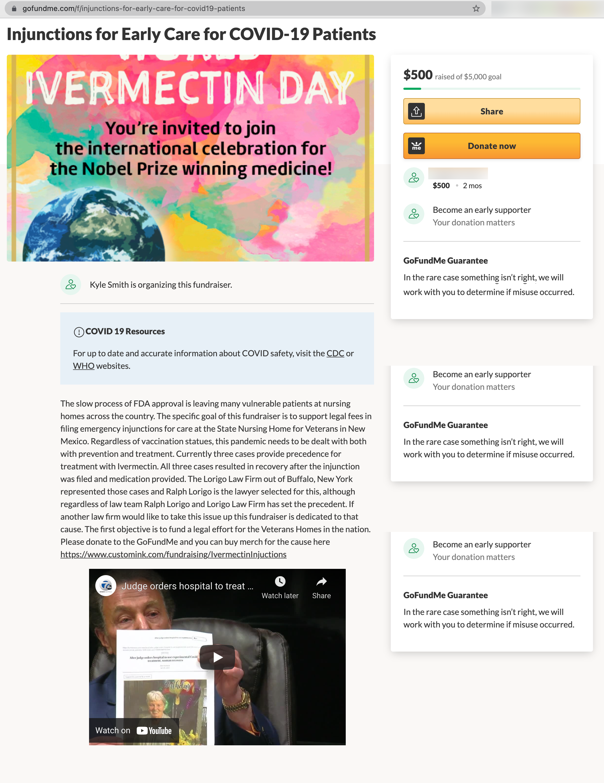 GoFundMe for Lawyer Fees for Alternative COVID Care