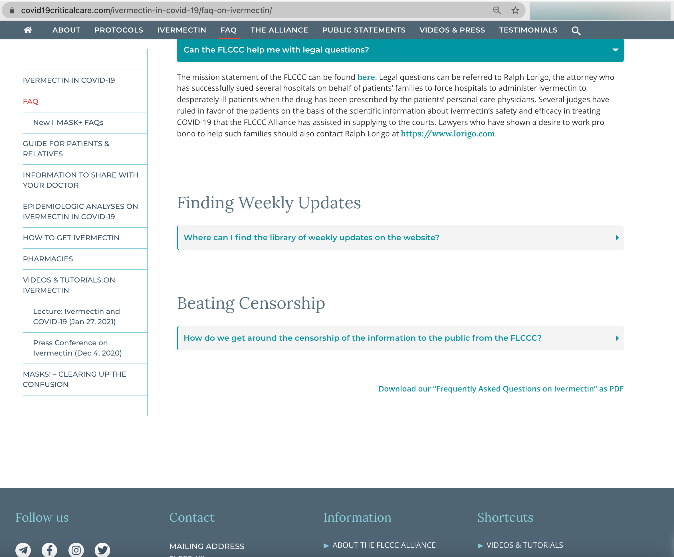 The "Legal Questions" page on the FLCCC website, where they direct questions to Lorigo