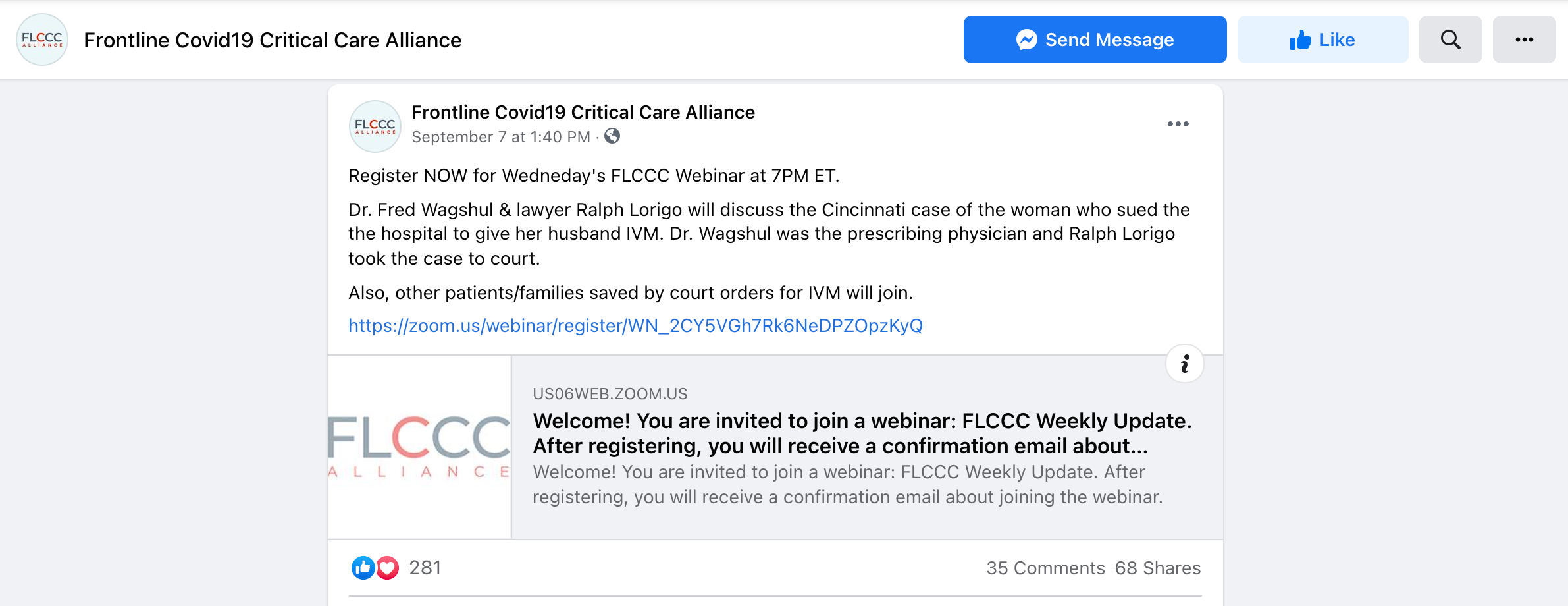 A Facebook post for the FLCCC webinar with Ralph Lorigo
