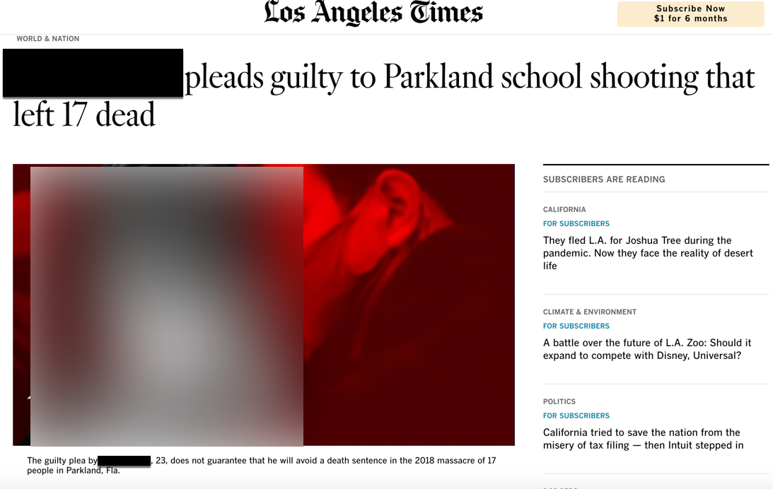 L.A. Times headline on the Parkland gunman's guilty plea