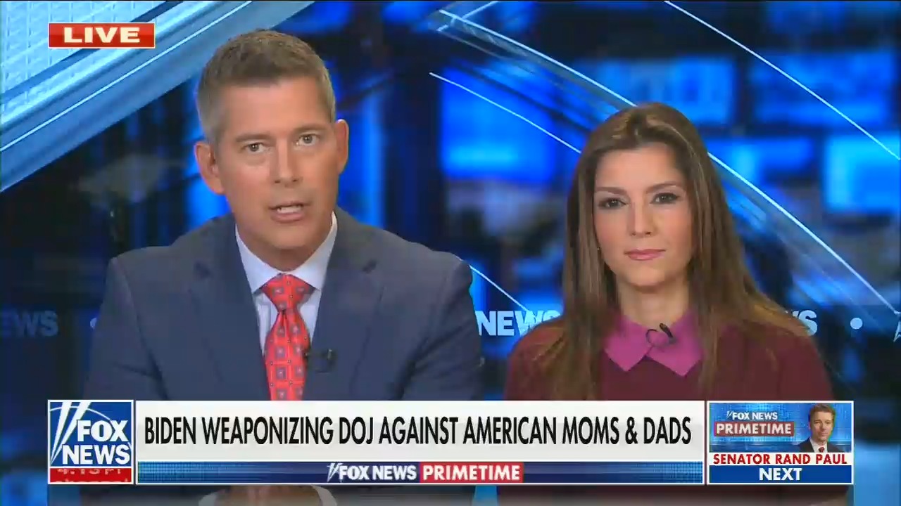 chyron reads "Biden weaponizing DOJ against American moms & dads"
