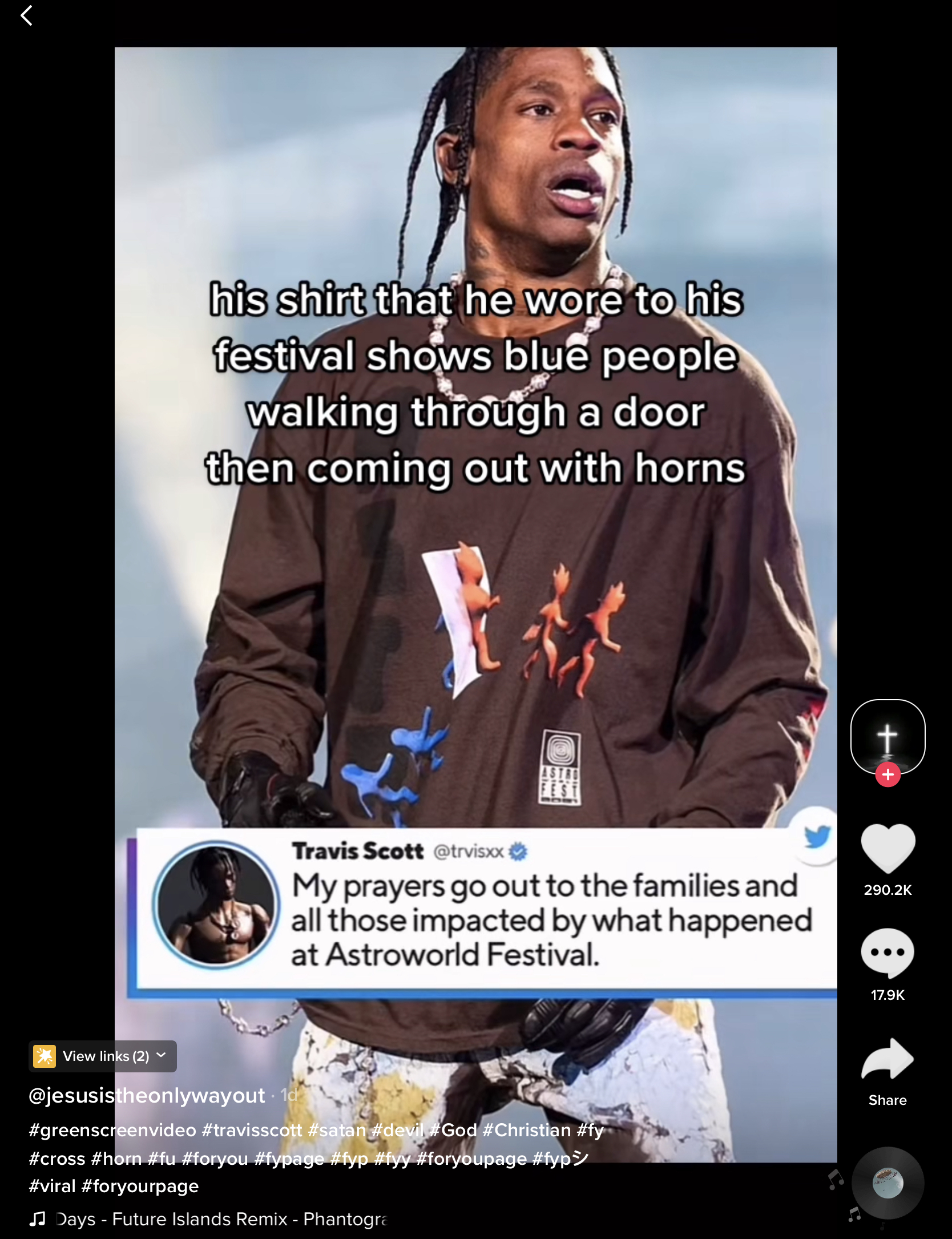 His shirt shows blue people walking through a door then coming out with horns