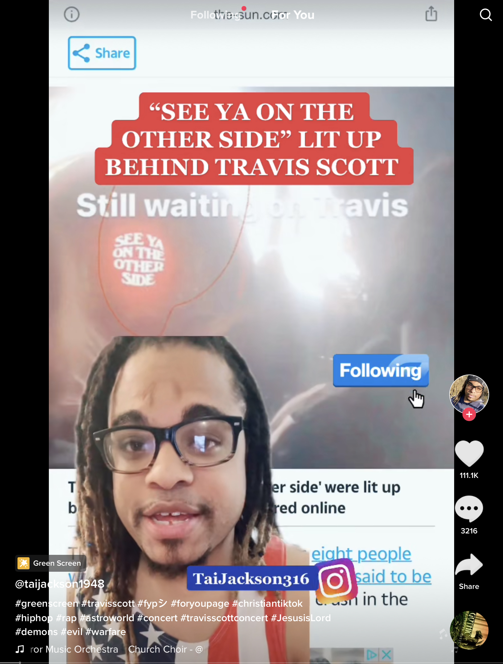 "See ya on the other side" lit up behind Travis Scott