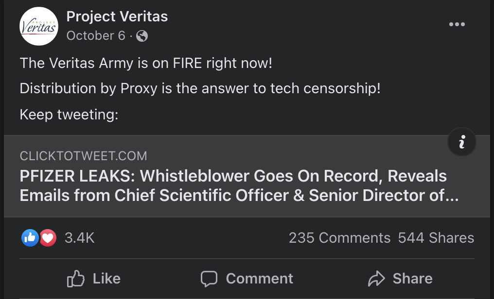 Project Veritas Facebook post from October 6, 2021. 