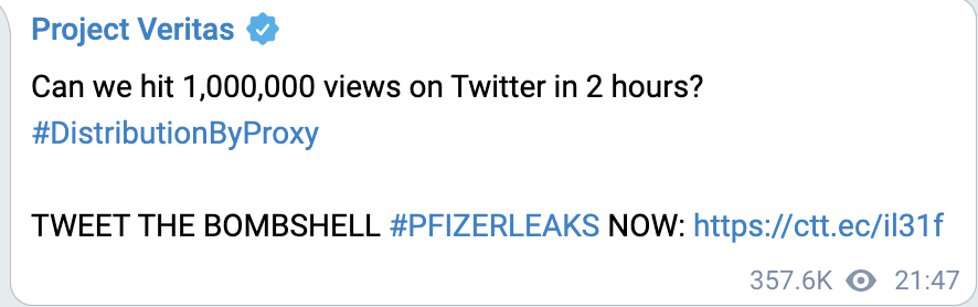 Project Veritas Telegram post from October 6, 2021. 