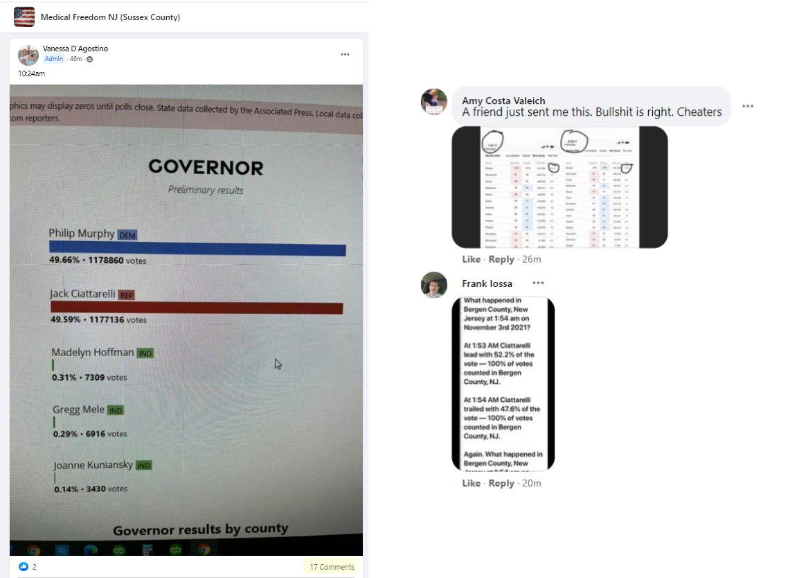 Post from "Medical Freedom NJ (Sussex County) shows misinformation spreading in the comments