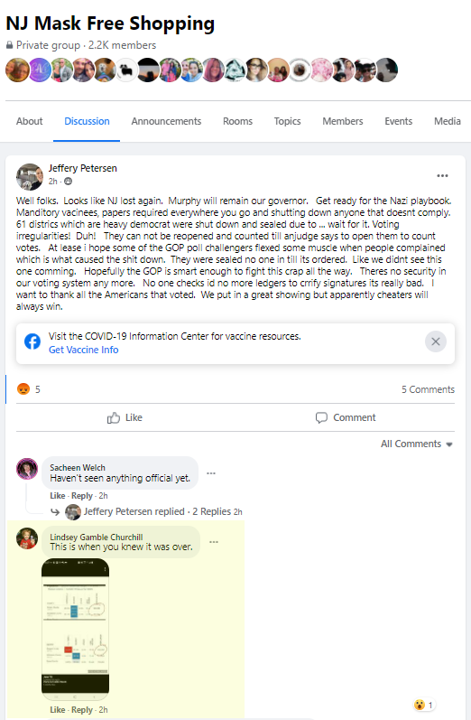 Post from "NJ Mask Free Shopping": in the comments a user spreads election misinformation