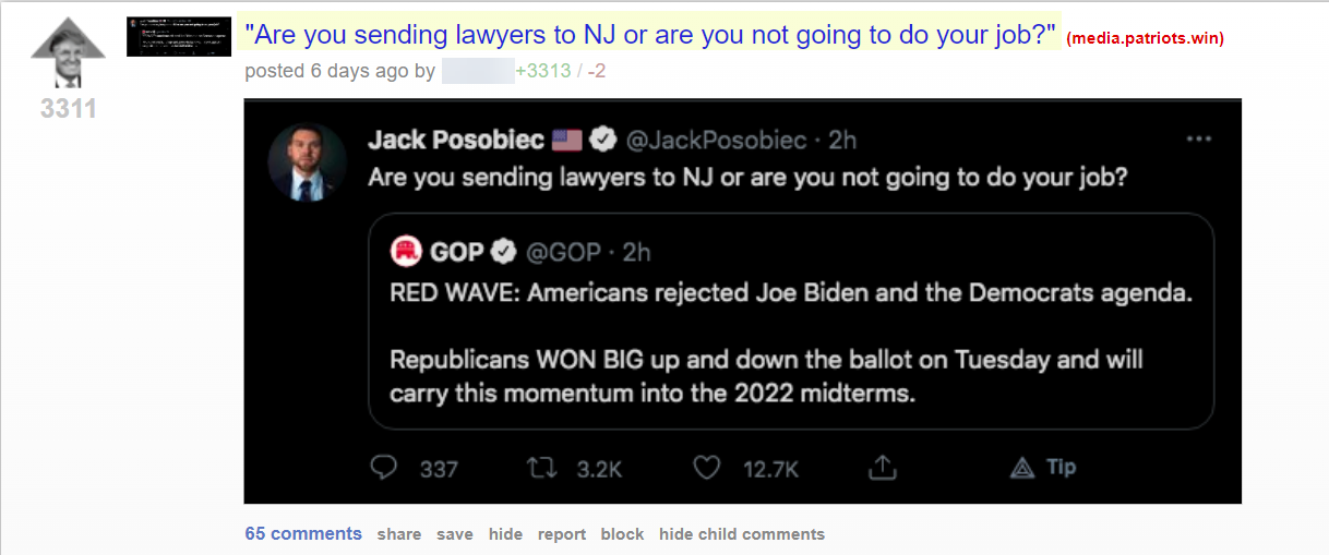 Screenshots from Patriots.win saying the GOP has to send an "army of lawyers" to NJ