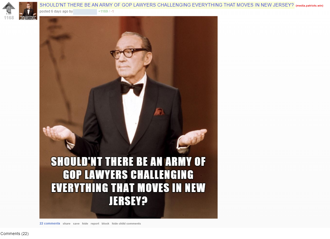 Screenshot from Patriots.win calling for an "army of lawyers" NJ Pt 2