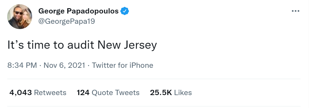 Tweet from George Papadopoulos saying "it's time to audit New Jersey"
