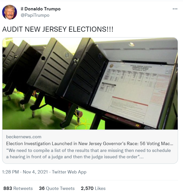 Tweet from user @PapiTrumpo calling to audit NJ