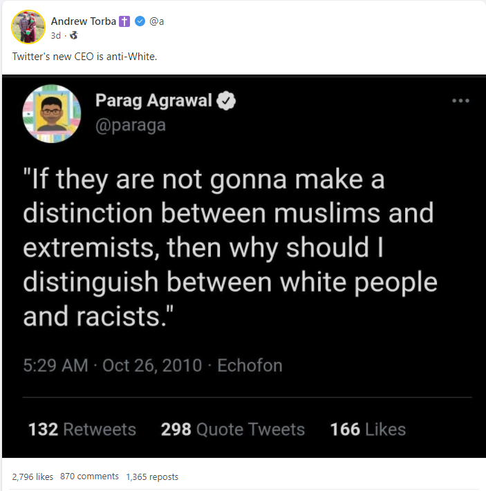 Andrew Torba calling Parag Agrawal "anti-white"