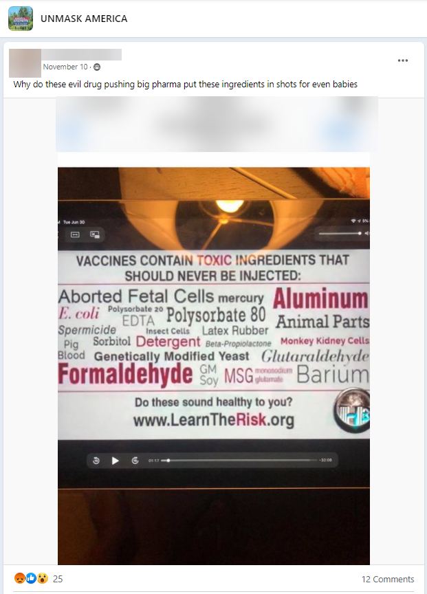 Post from "UNMASK AMERICA" sharing false vaccine ingredients