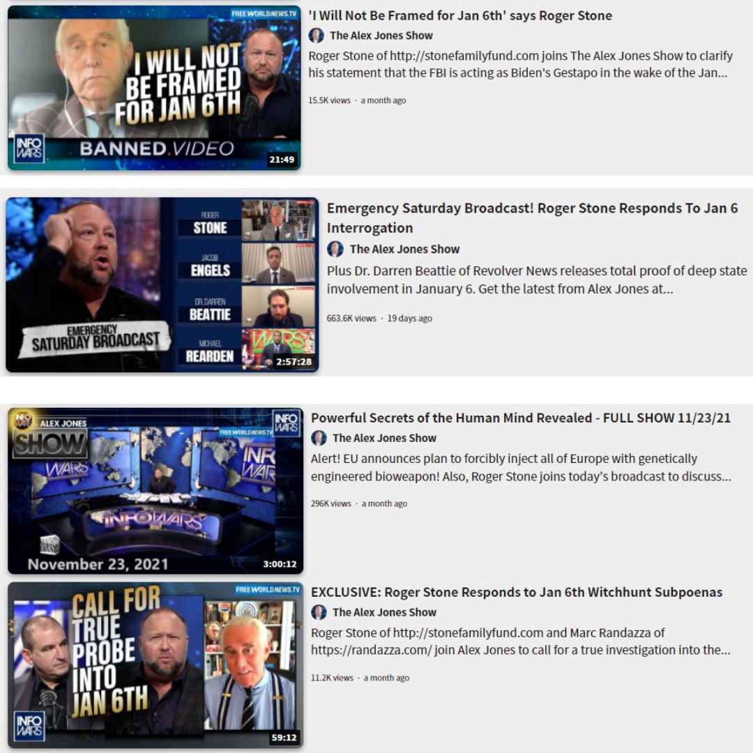 screenshots of video results from Infowars website for Roger Stone