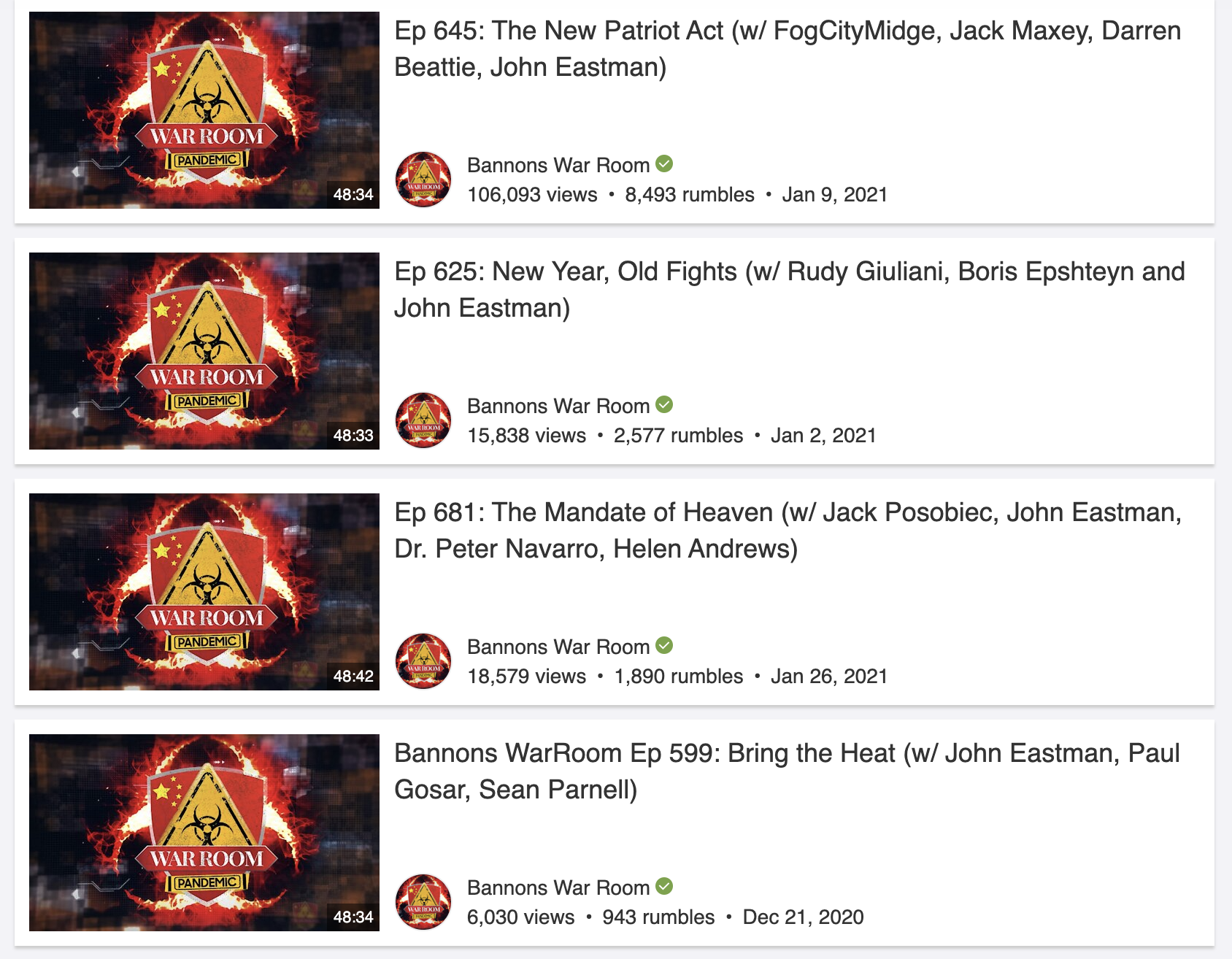 Eastman's appearances on Steve Bannon's War Room