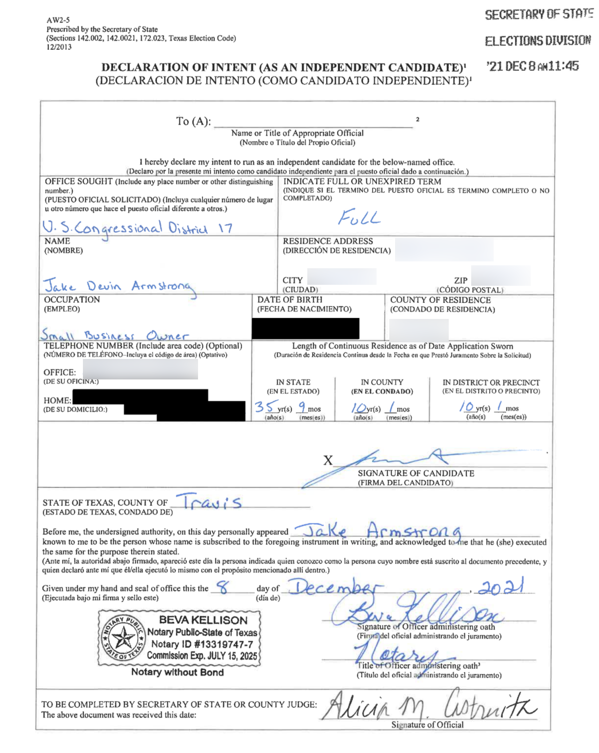 Jake Armstrong declaration of intent to run form