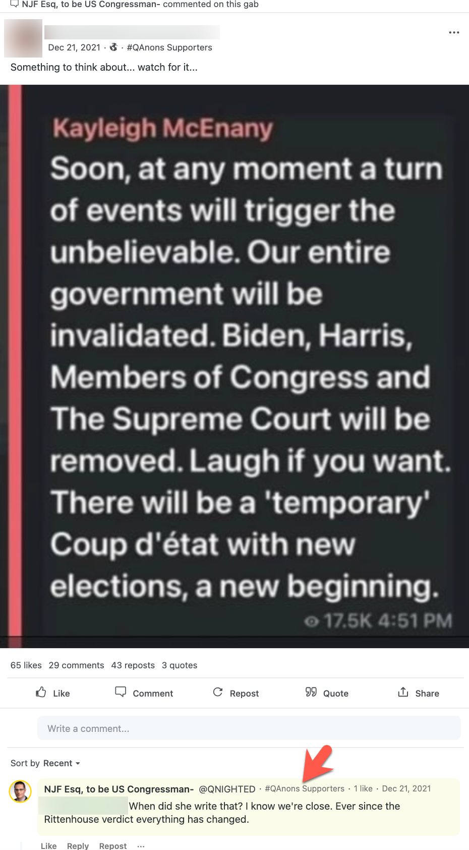 Nicholas Ferrara QAnon Gab group post