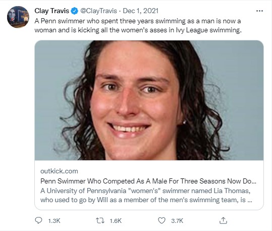 image of tweet from Clay Travis on Lia Thomas