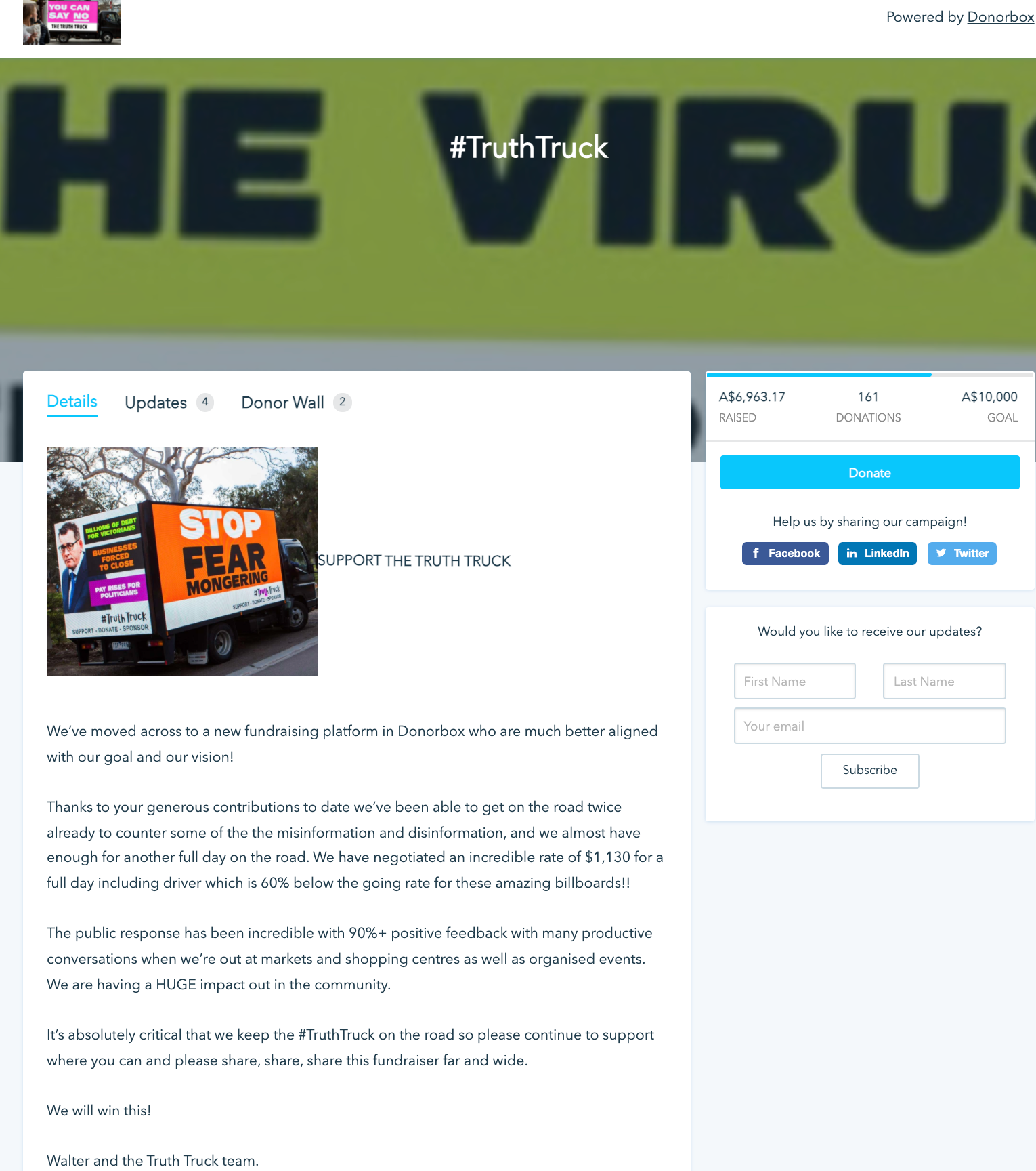Truth Truck Donorbox page