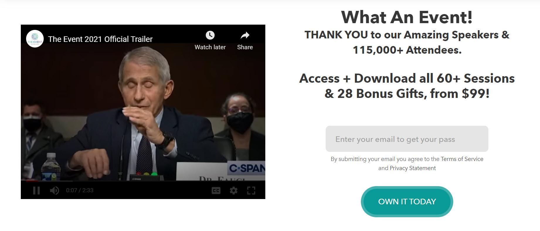 A screenshot of The Event's website showing that they had 115,000+ people in attendance 