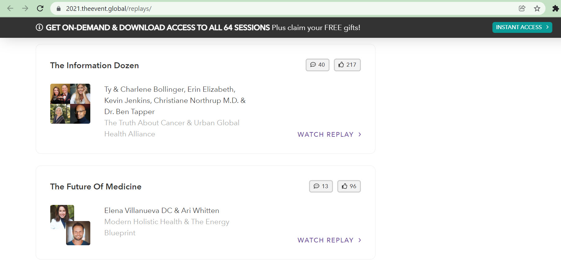 A screenshot of The Event's website showing that they hosted a panel with members of the Disinformation Dozen
