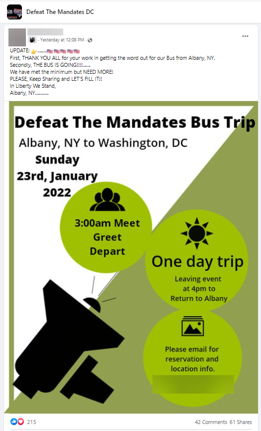 Post from "Defeat the Mandates DC" showing users organizing bus rides