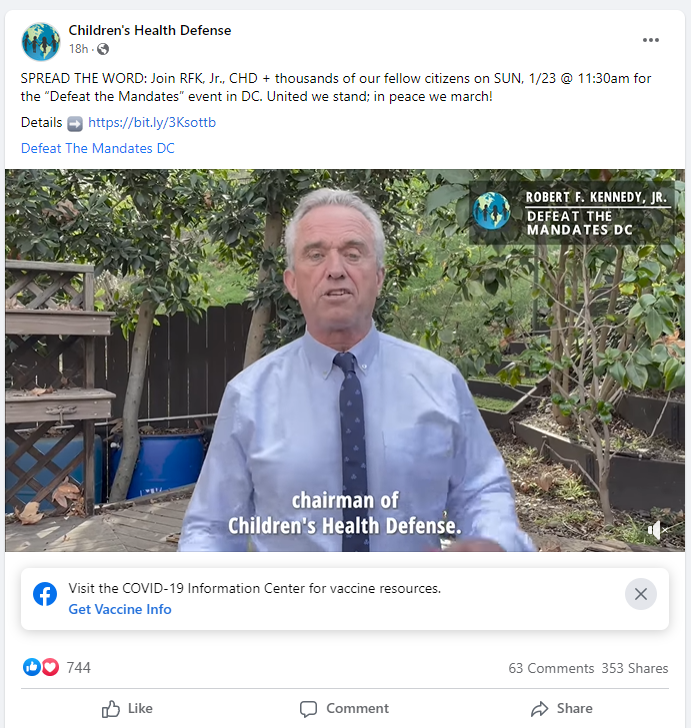 Children's Health Defense promoting the march on Facebook