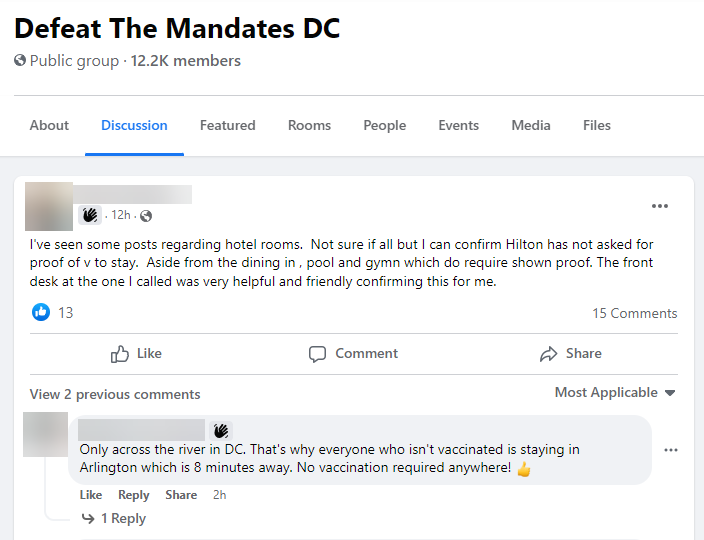 Post from "Defeat the Mandates DC" 1/20/22 sharing a hotel that does not require vaccine proof