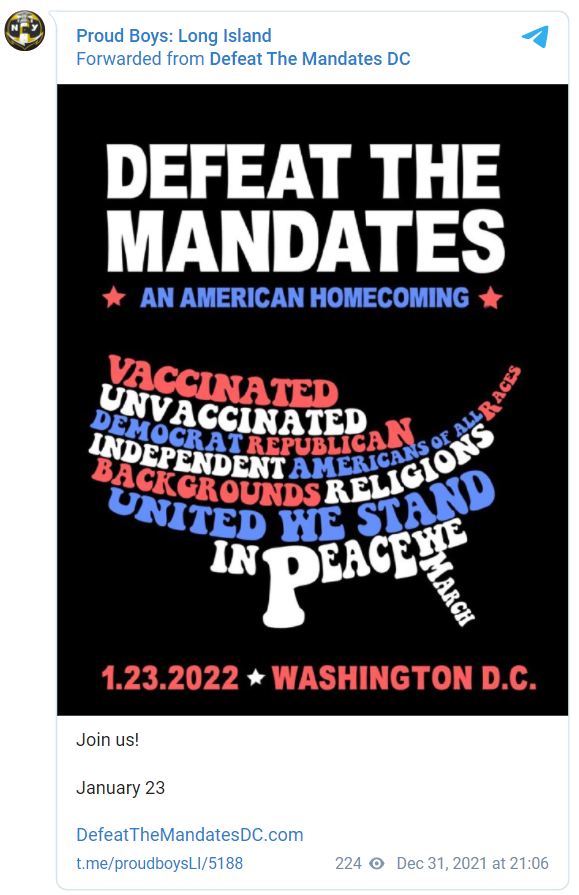 Proud Boys resharing the Defeat the Mandates flier on Telegram
