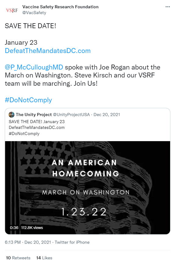 Vaccine Safety Research Foundation promoting the march on Twitter