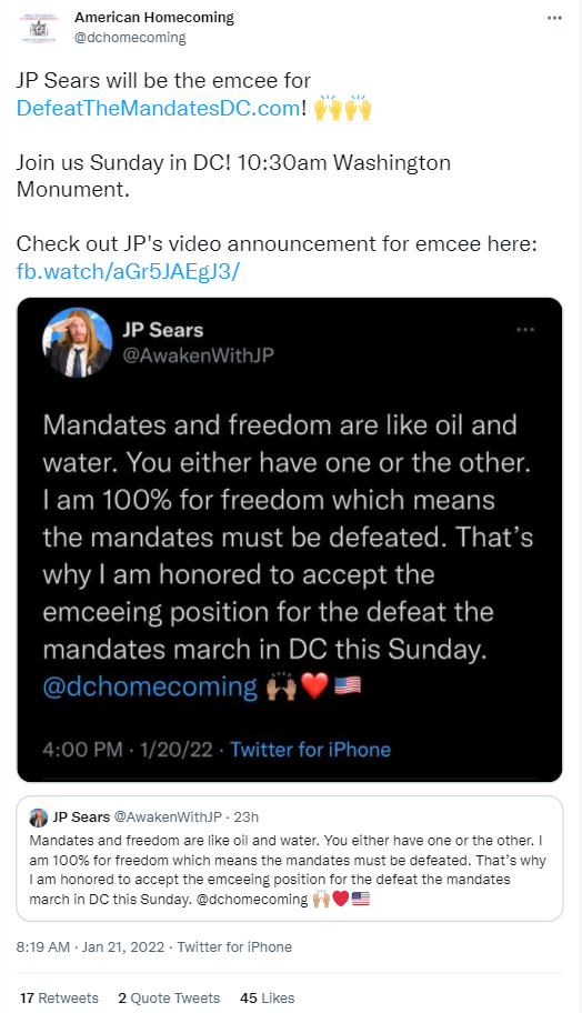 Screenshot from @dchomecoming on Twitter announcing JP Sears as the emcee for the march
