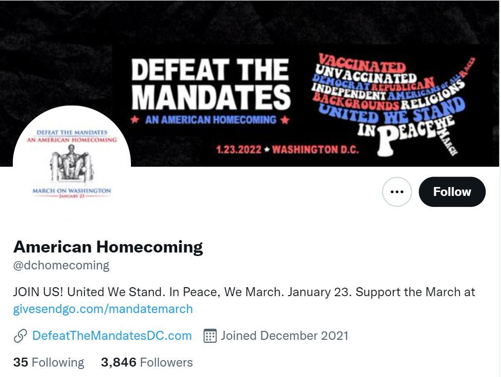 Screenshot of @dchomecoming Twitter follower count