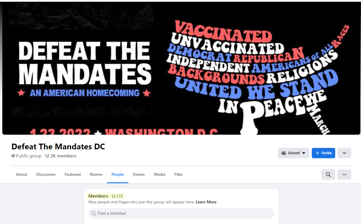 Screenshot of "Defeat the Mandates DC" membership count - over 12,000 