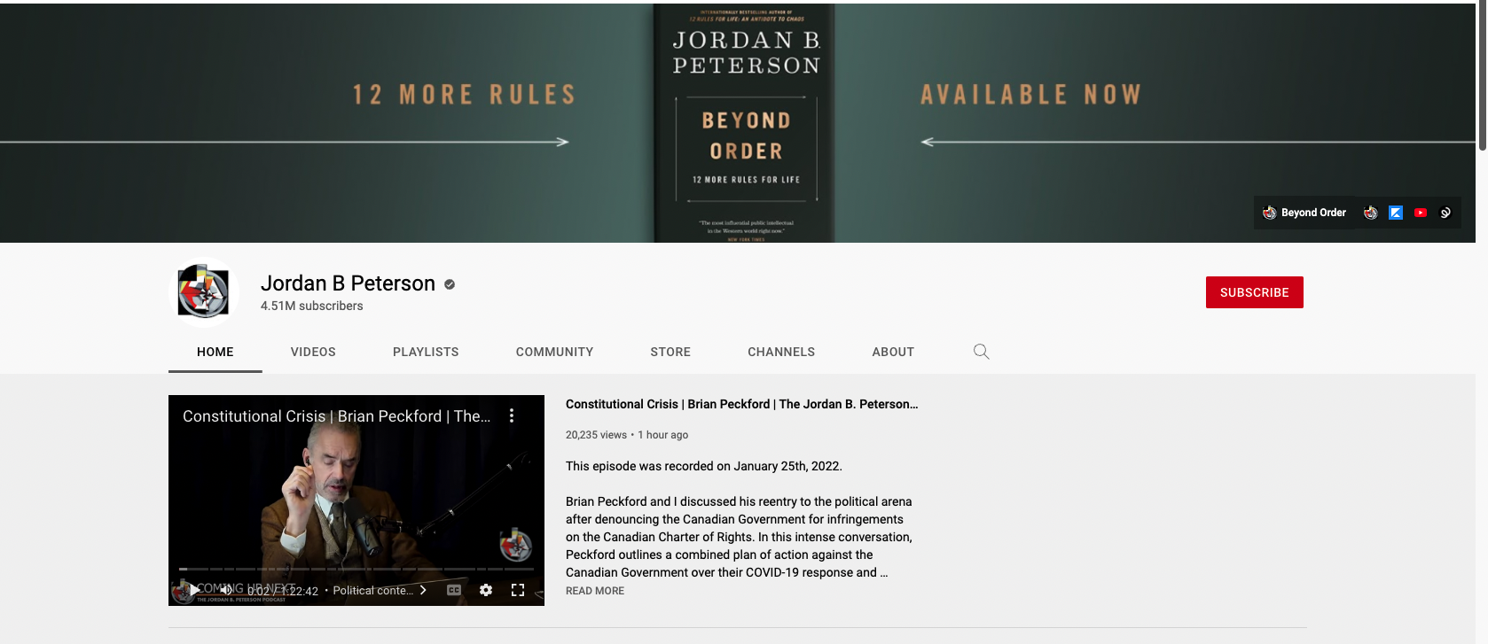 Jordan Peterson's YouTube channel showing he has 4.5 million subscribers
