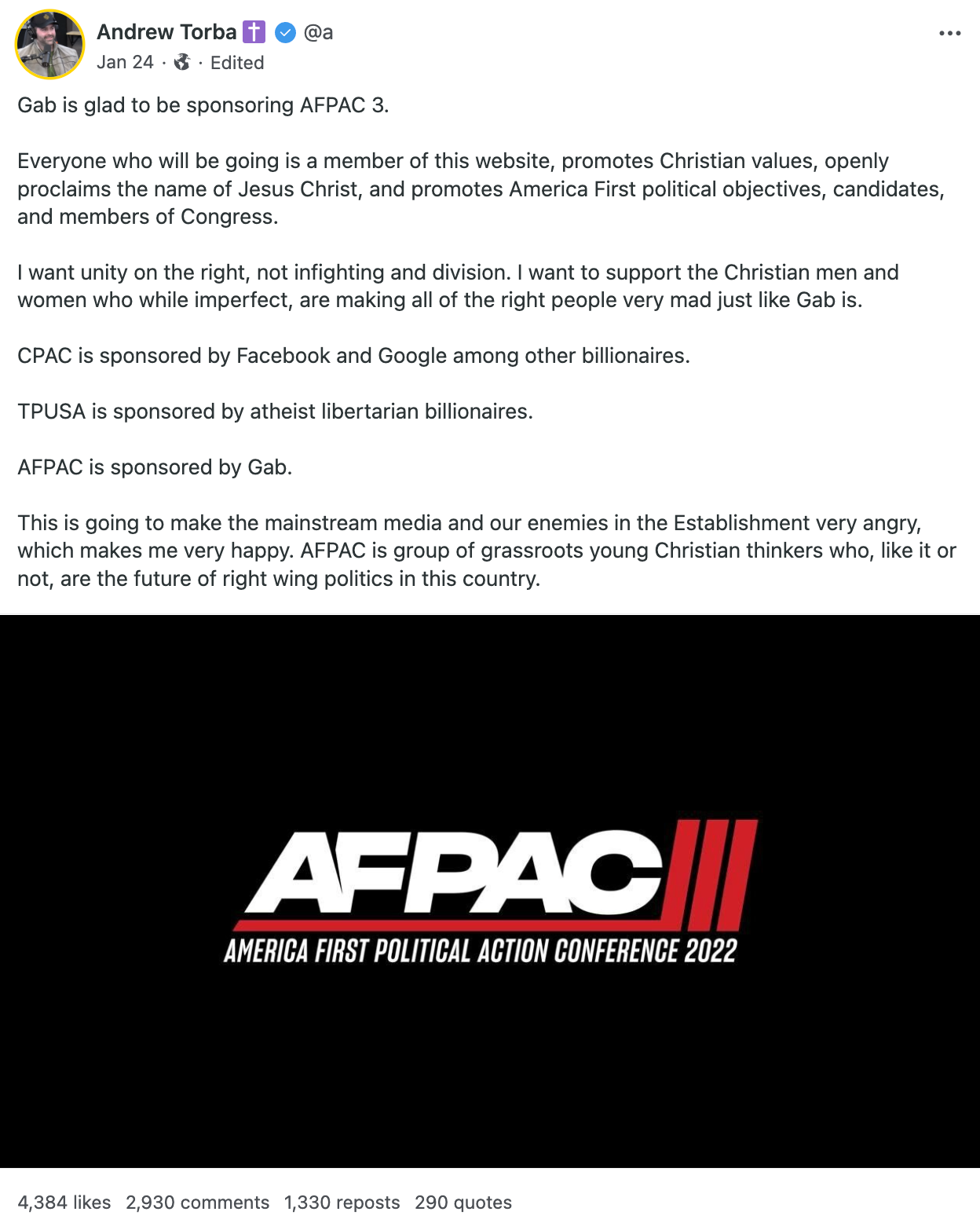 Torba AFPAC sponsoring post