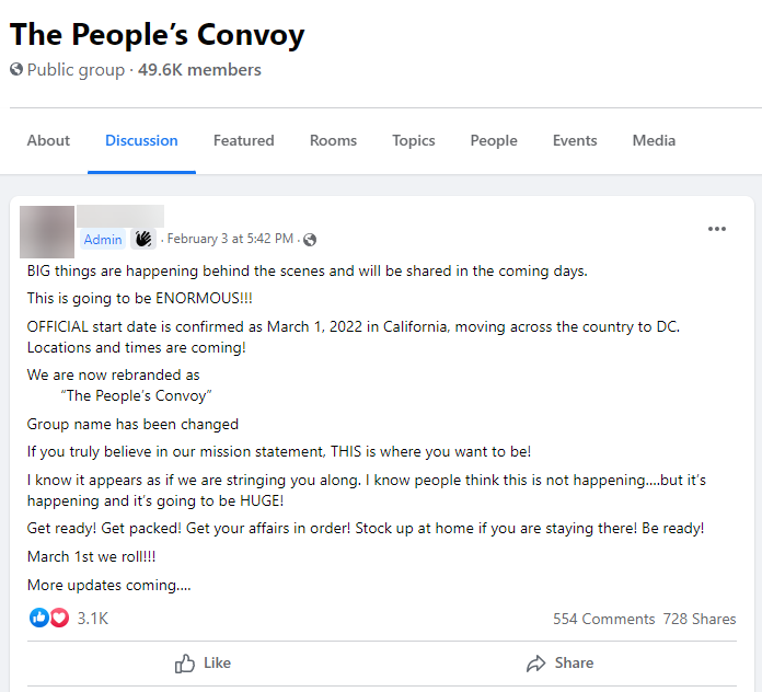 Post from "The People's Convoy" on February 3rd, 2022 announcing March 1 as the convoy date and announcing rebranding efforts