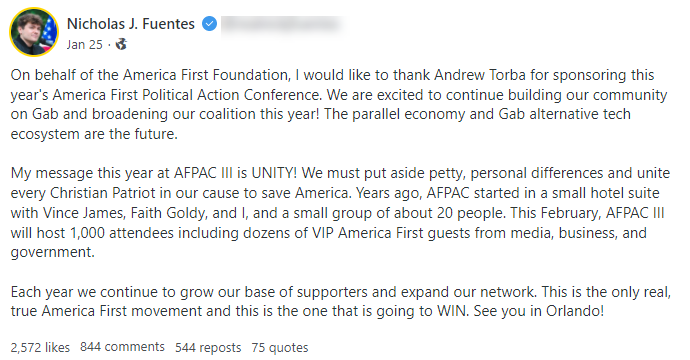 Fuentes thanking Torba post