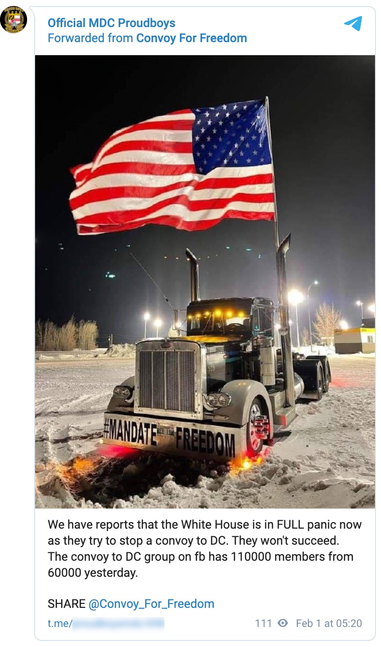 Proud Boys Maryland promote a convoy Telegram group